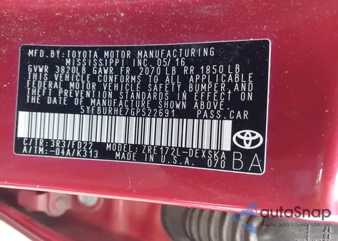 2016 Toyota Corolla S Plus from USA, damaged, VIN 5YFBURHE7GP522691